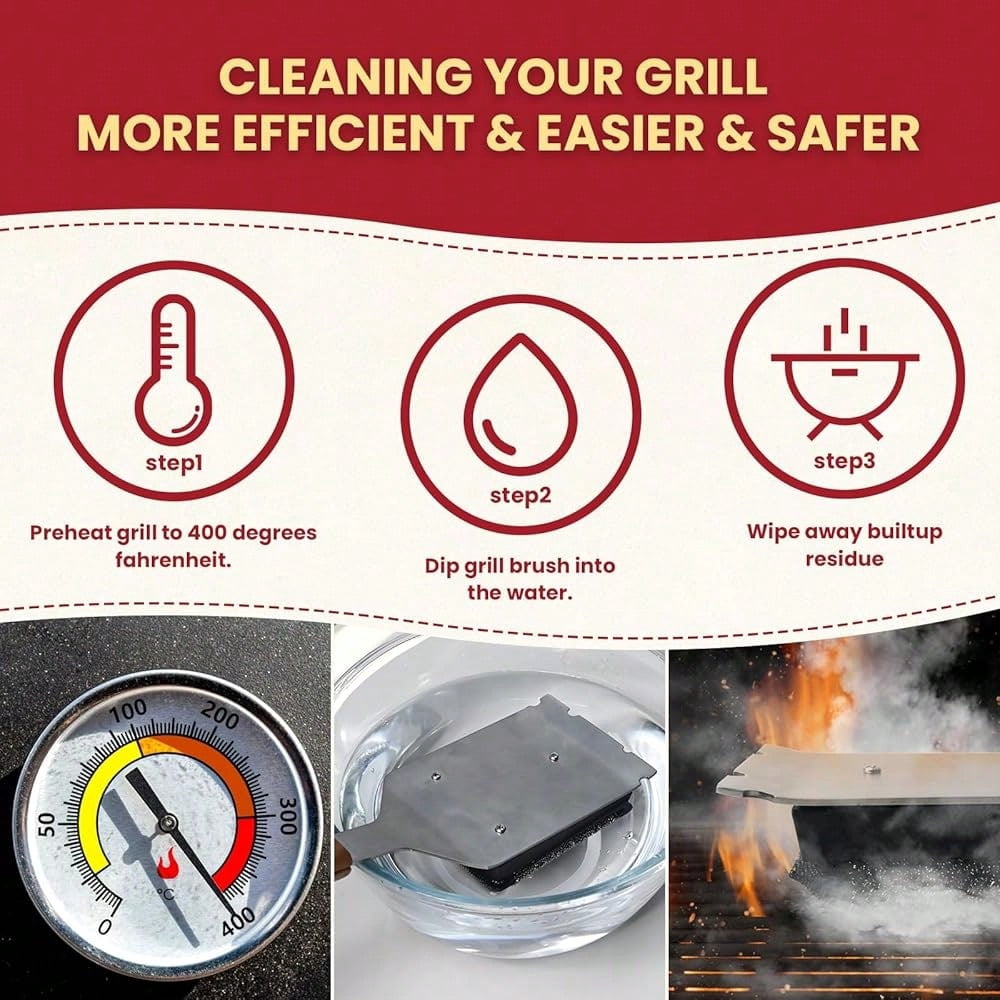Grill Cleaning Brush with 1 Replacement Head, Heavy-Duty Brass Bristle BBQ Cleaner, Bristle-Free Safe Design, Stainless Steel Scraper & Wooden Handle, Dual-Use for Handheld or Handle Cleaning, Safe f