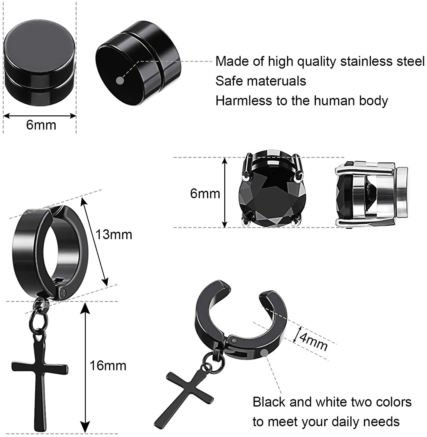 Stainless Steel Men Magnetic Stud Earrings Non-Piercing Clip On Cubic  Zirconia | eBay