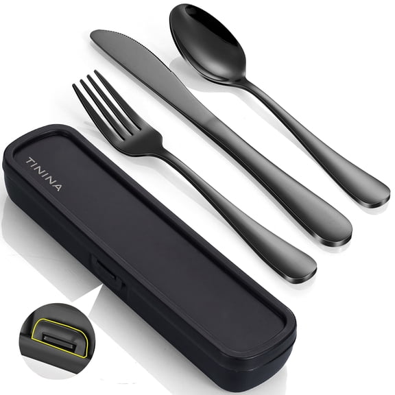 Travel Utensils with Case, 4-Piece Stainless Steel Portable Cutlery Set, Reinforced Buckle Design, Lunch Box for Picnic, Camping, Work, Travel, Include Fork Spoon Knife, Dishwasher Safe, Black
