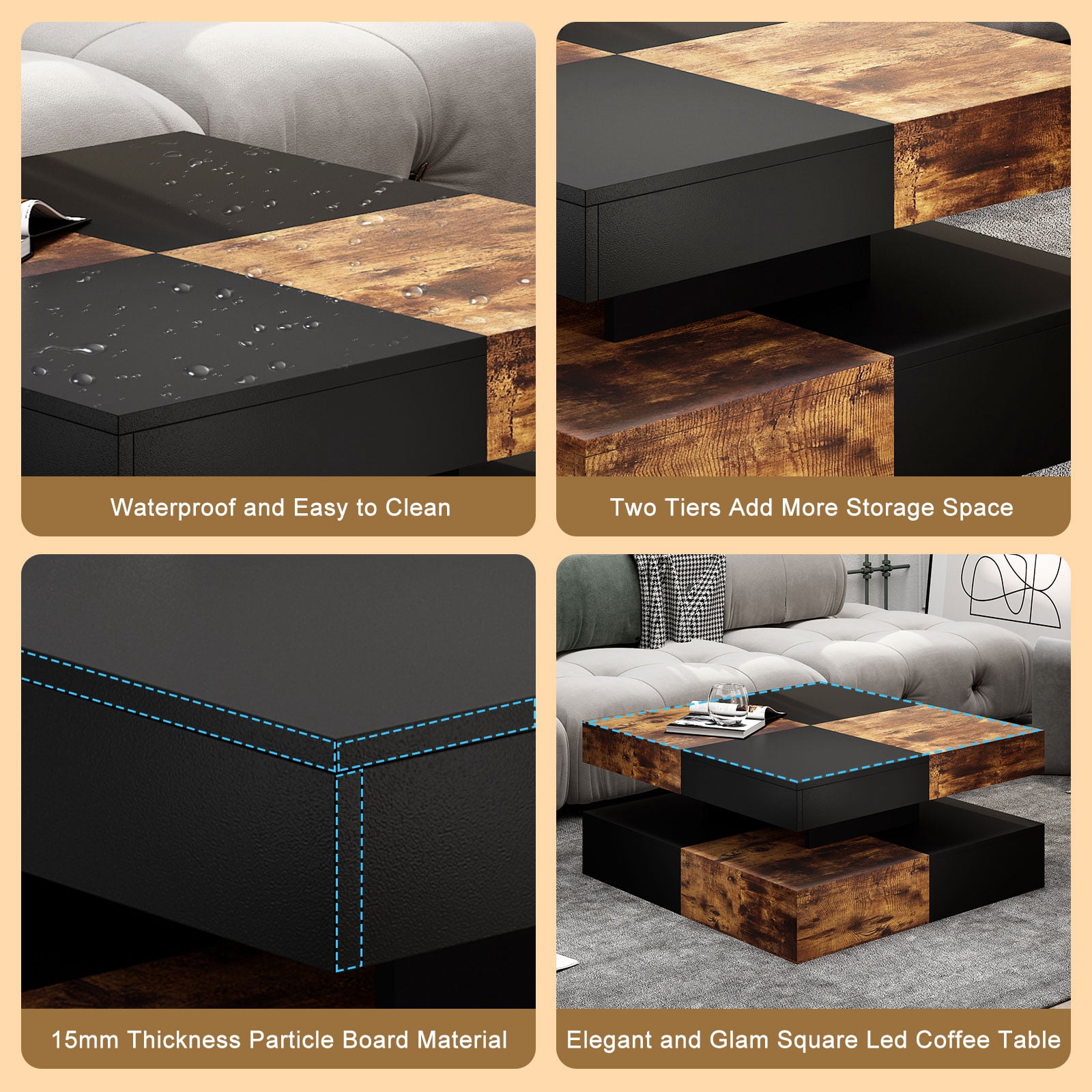 Hironpal Modern Rustic Brown Square LED Coffee Table - 2-Tier Storage, 16-Color LED Light, Contemporary Cocktail Tea Table for Home Office Reception
