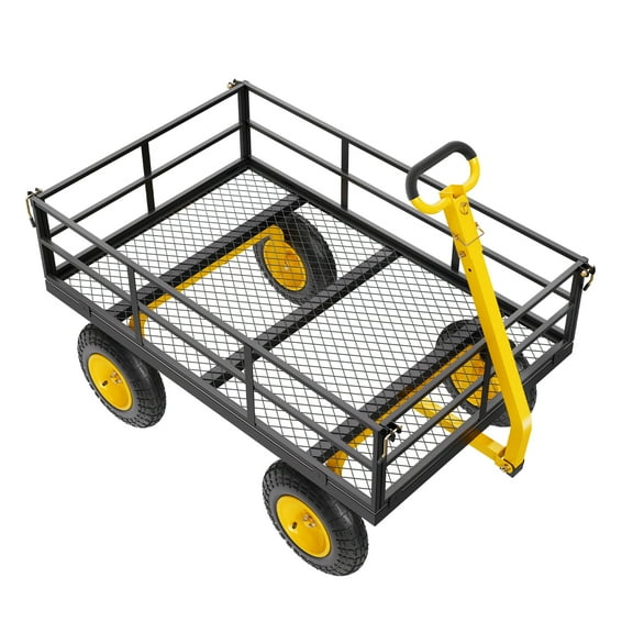 KFFKFF 1200 Lbs Steel Garden Cart, Durable Pullable Yard Wagon with 13" All-Terrain Tires, 2-in-1 Outdoor Utility Trailer Featuring Mesh Sides and 180° Rotating Handle