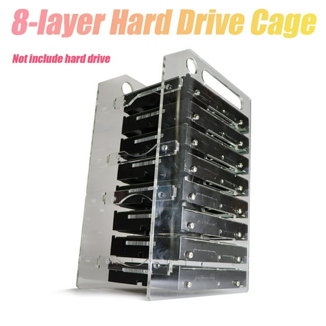 3.5 Inch HDD Hard Drive Cage designed to hold up to eight 3.5-inch hard disks, shown in a transparent acrylic material with a layered design for secure storage. The cage features a handle for easy lifting and an 8cm fan position for optional heat dissipation. Ideal for BTC mining or computer storage expansion.