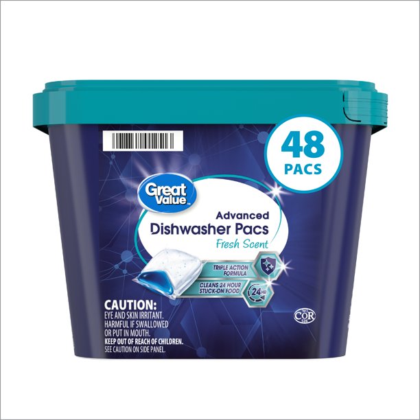 Great Value Advanced Automatic Dishwasher Pacs, Fresh Scent, 48 Count