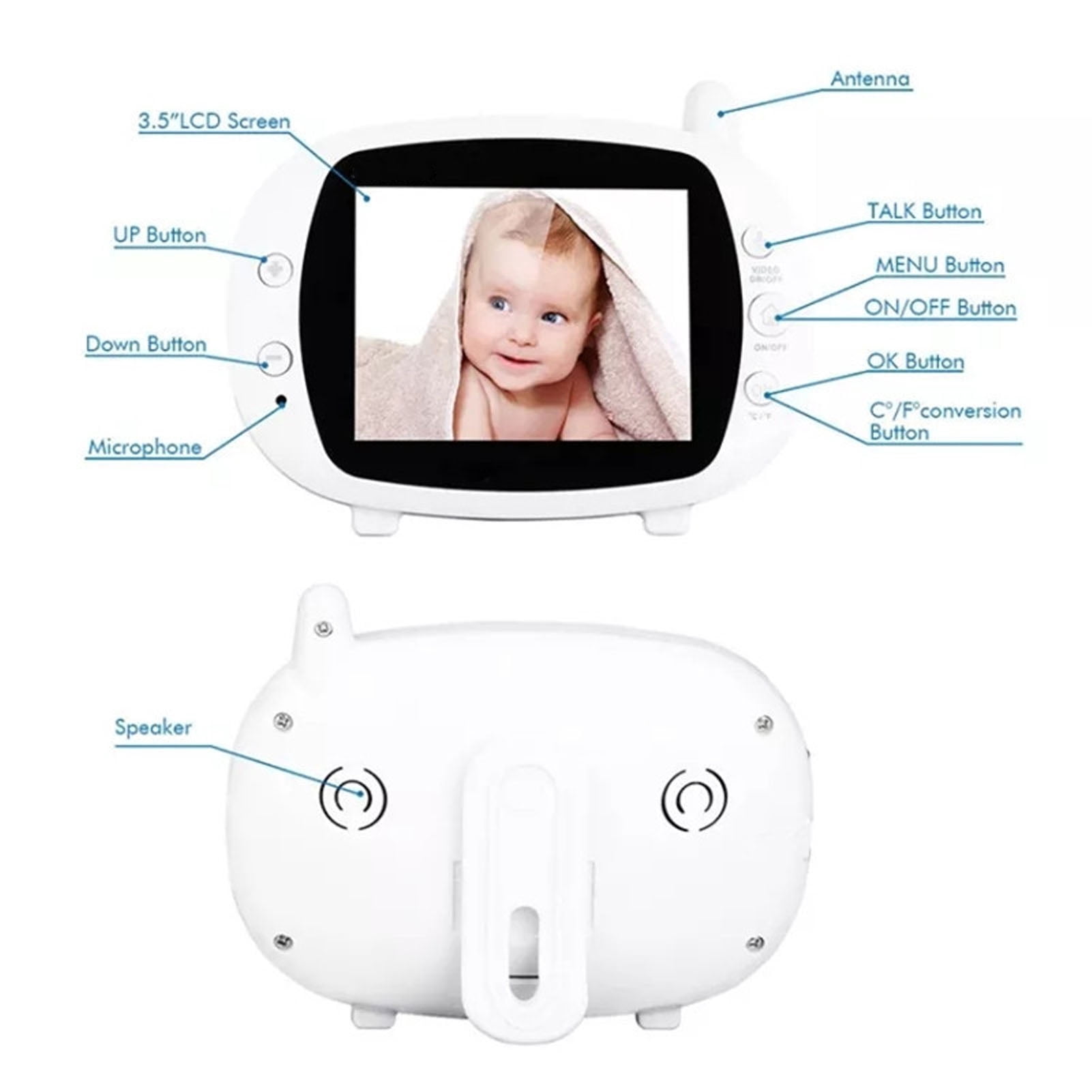 BOKYAN BM850 Wireless Video Baby Monitor with 3.5 Inch IPS Screen, 2-Way Talk, Night Vision, Lullabies, and Room Temperature Display, White EU Plug Edition