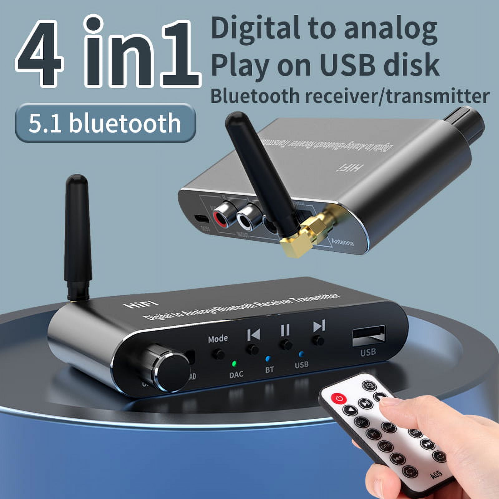 VAORLO 4-IN-1 DAC Bluetooth 5.1 Receiver Transmitter USB 3.5MM AUX R/L RCA Optical Coaxial U-Disk Wireless Audio Adapter Digital to Analog Audio Converter With Remote Control For TV PC Car Amplifier - image 2 of 8
