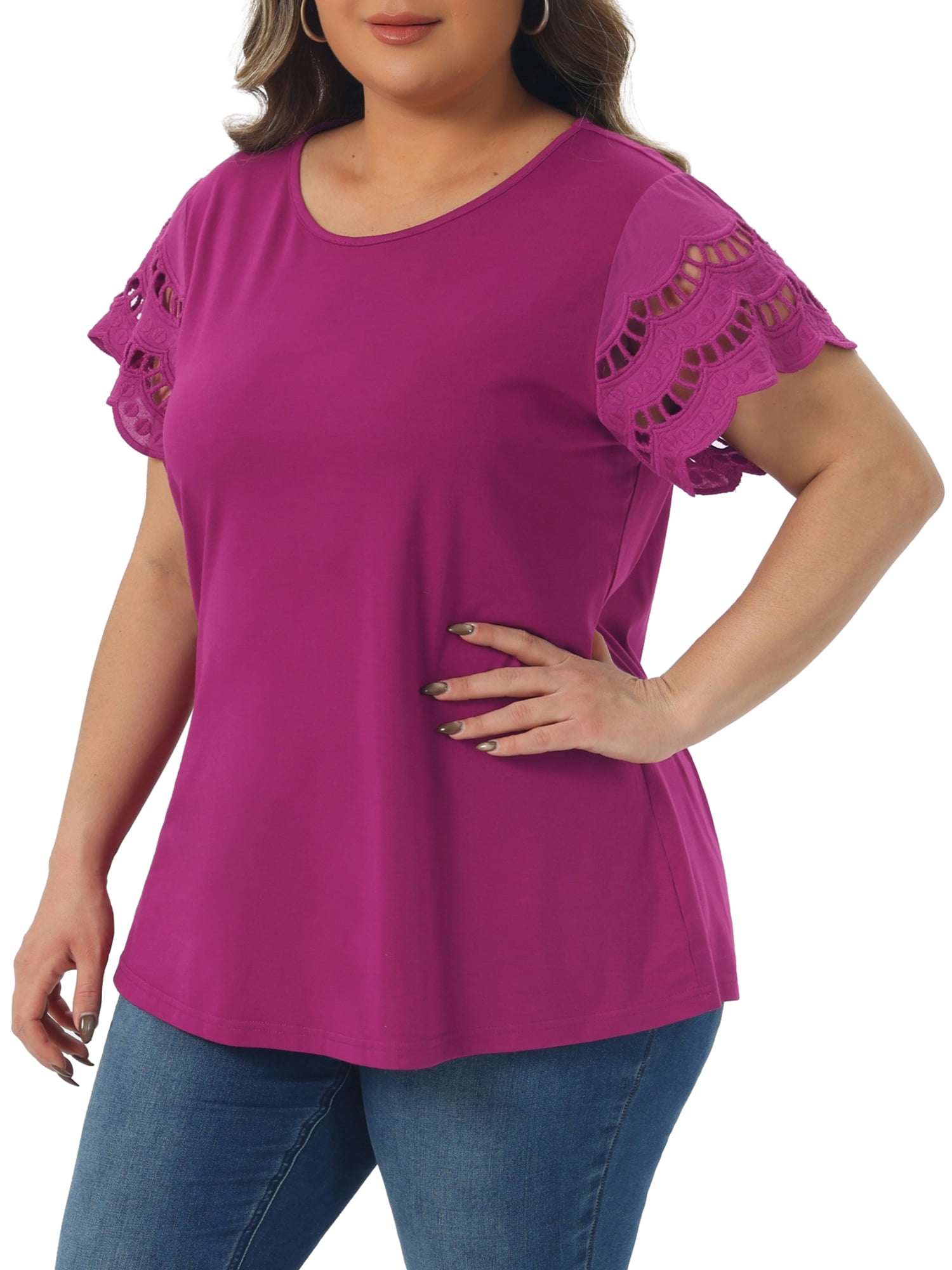 DARING DIVA Women's Plus Size Round Neck Lace Panel Blouses 1X Dark Purple