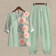 thumbnail image 7 of QUYUON Womens Summer 2 Piece Outfits Casual Loose Crew Neck Short Sleeve Tops Elastic Waist Long Pants Sets Women Plus Size Floral Printed Two Piece Lounge Sets A-Green S, 7 of 7