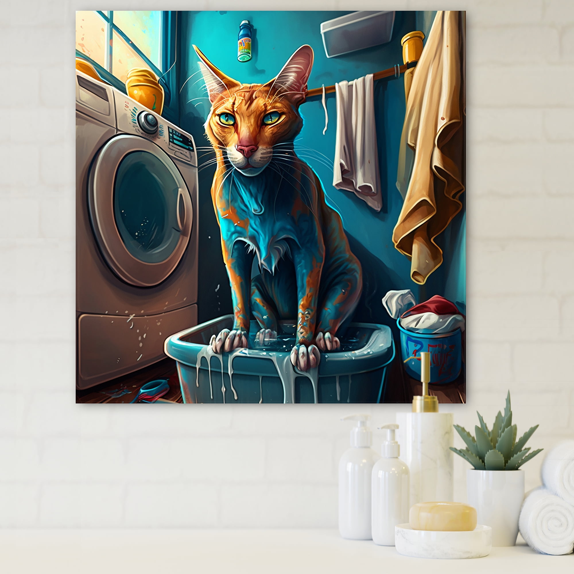 Designart Cat Doing Laundry Canvas Wall Art