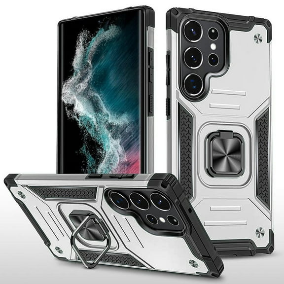 For Samsung S23 Ultra Robust Magnetic Kickstand Hybrid Case Cover - Silver