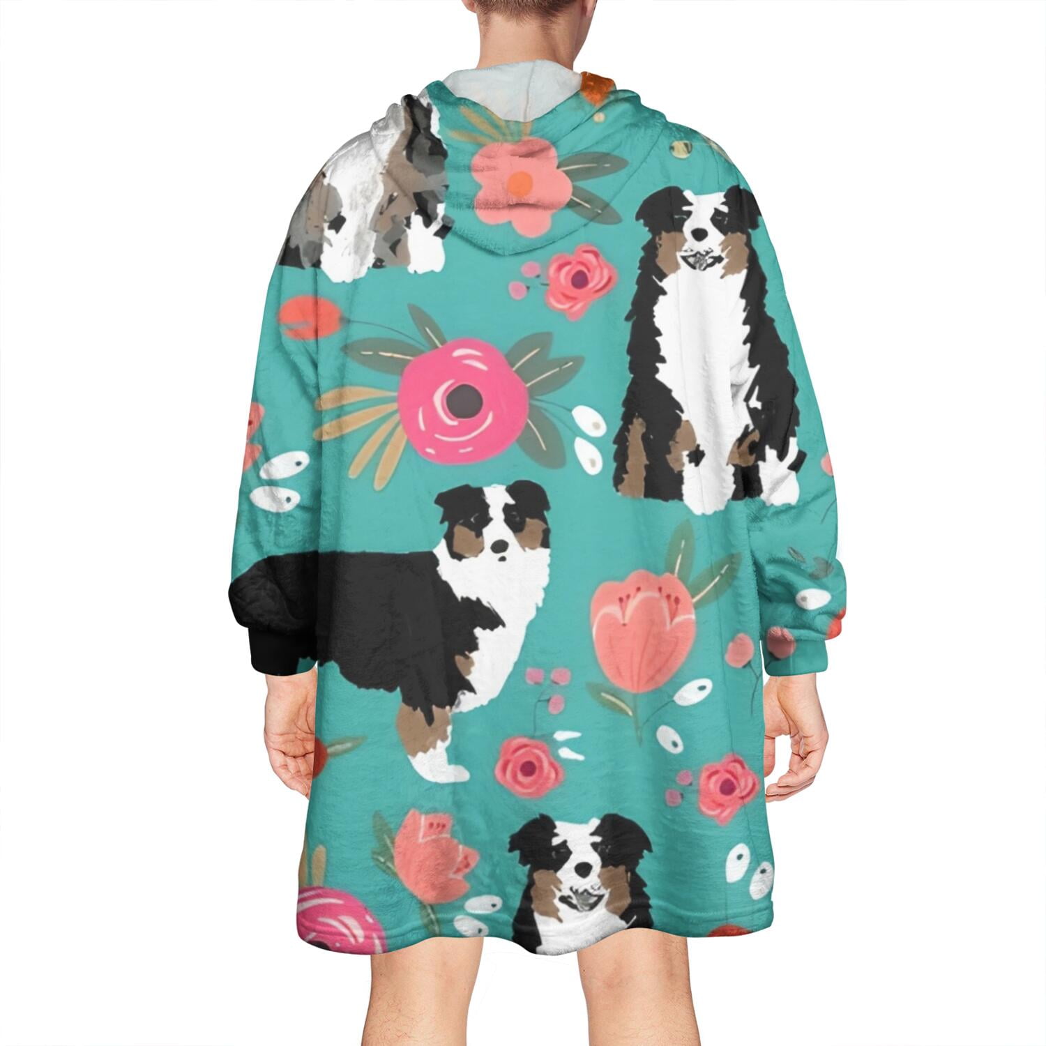Australian Shepherd Dog and Flower Wearable Oversized Blanket,Wearable Blanket Hoodie for Adults,Cozy Hooded Blankets with Super Pockets,Super Warm Fuzzy Pullover for Women & Men