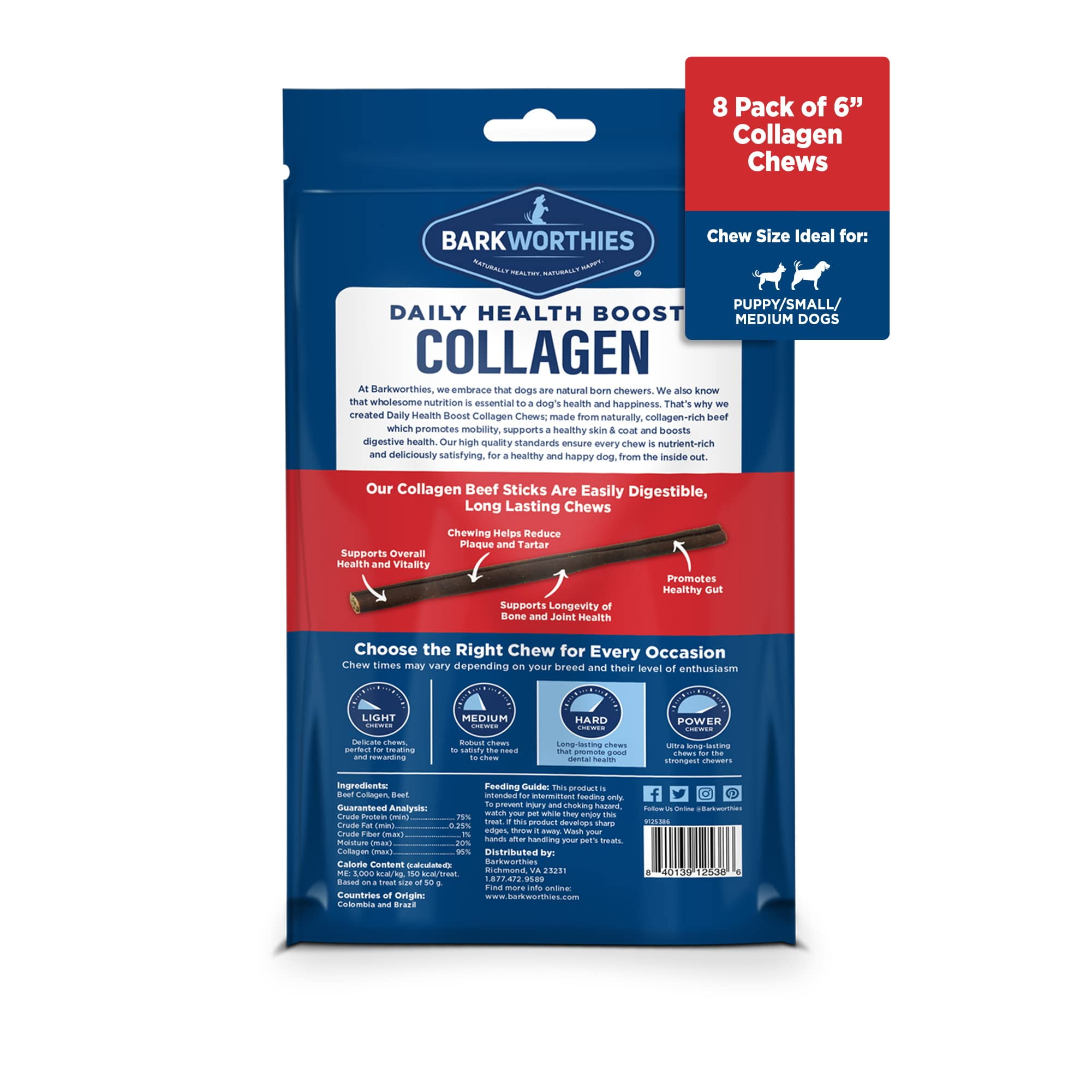 Barkworthies Plain Collagen Stick MMF7&nbsp;Dog Treats, 6-Inch, 8-Count