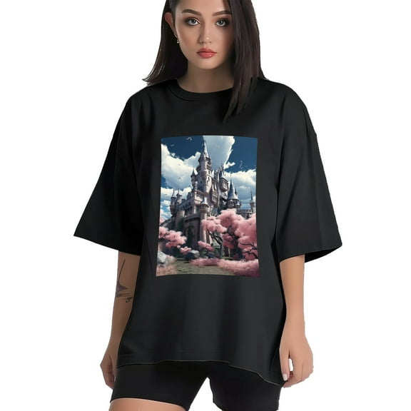 Plus Size Shirt for Women Black Tops for Women Short Sleeves Shirt for Women Castle (70） T Shirt Crewneck Shirt for Women XS