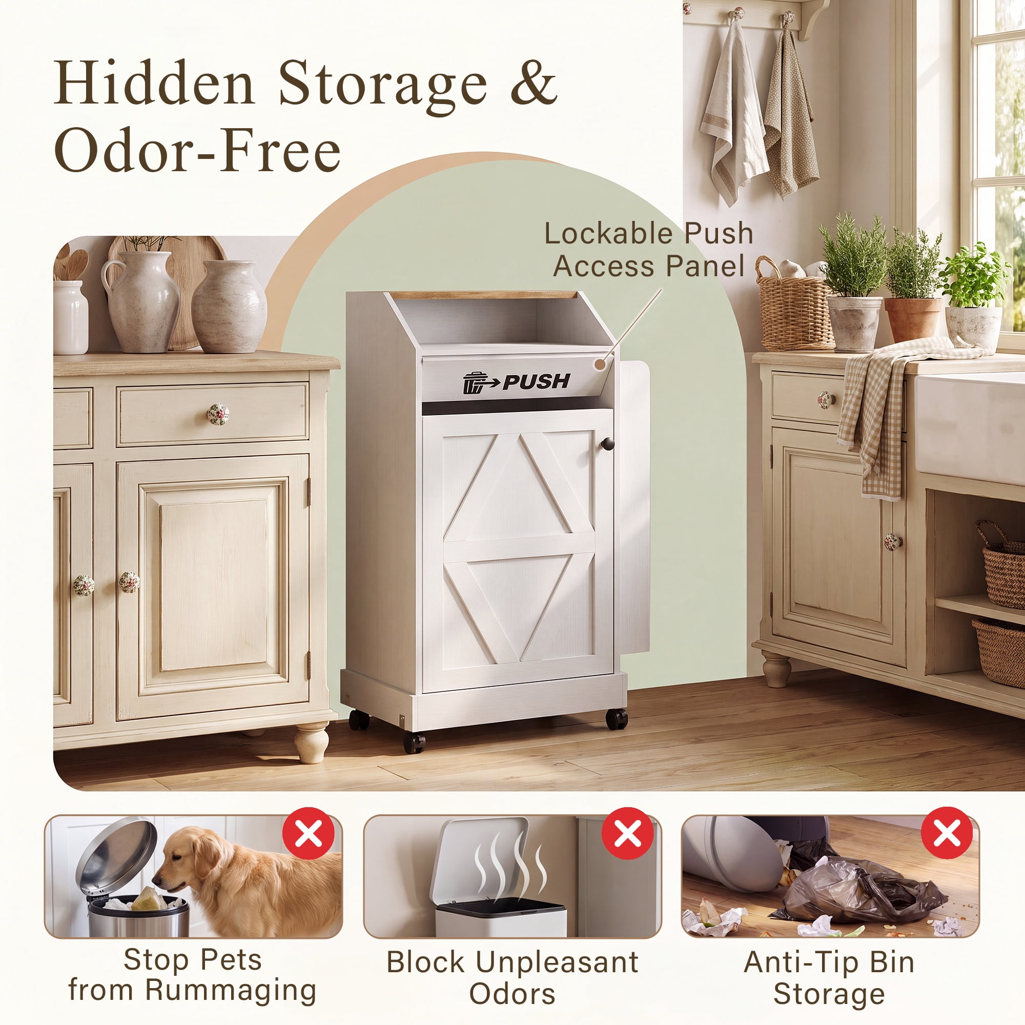 Lacoo 13 Gallon Trash Cabinet with Storage Shelves for Kitchen, Freestanding Garbage Can Cabinet with Lockable Rolling Casters, White