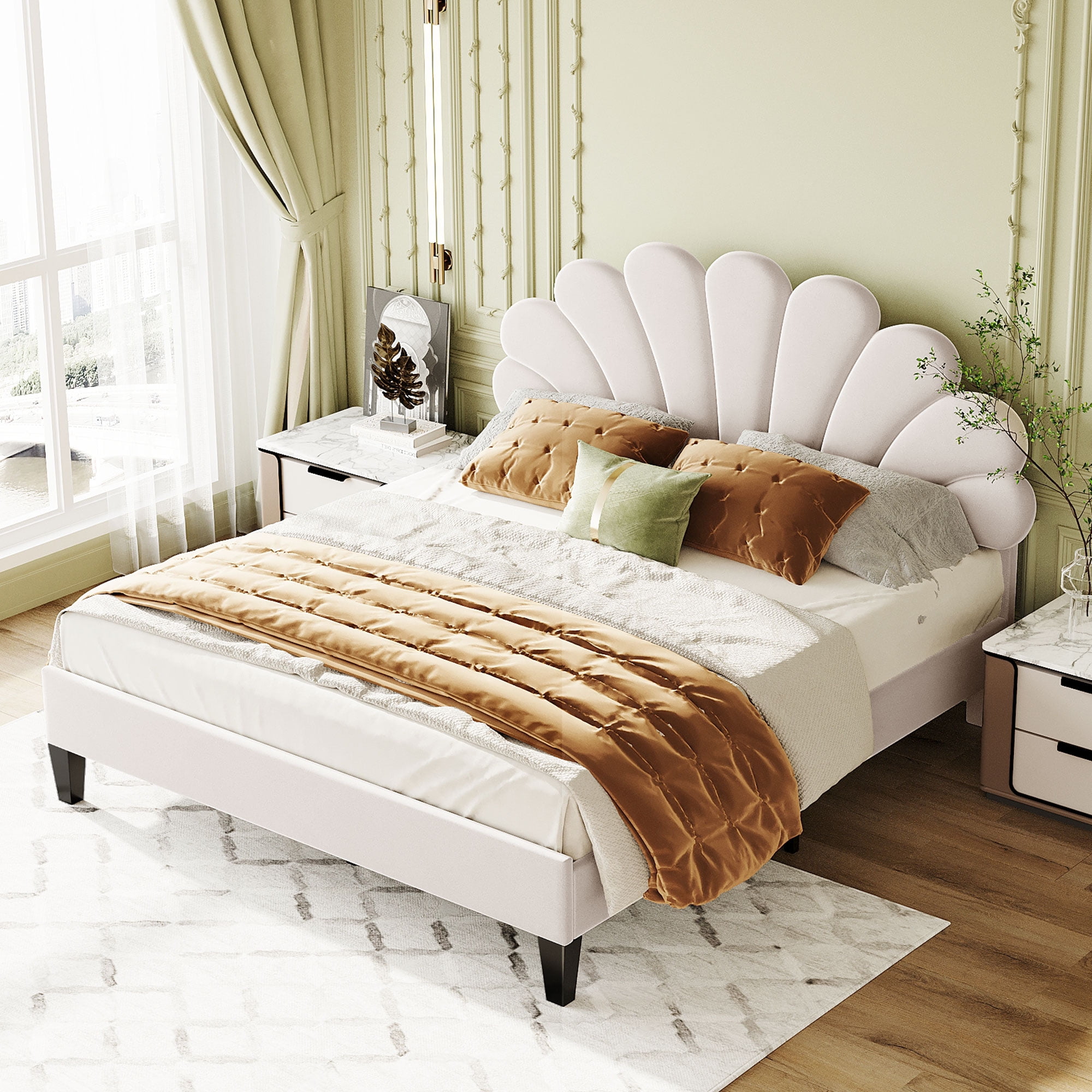 Velvet Queen Size Bed Frame with Flower Pattern Headboard,Queen Bed Frame with Wood Slat Support for Bedroom,Easy Assembly,81.9"x60.2"x47.4",Beige