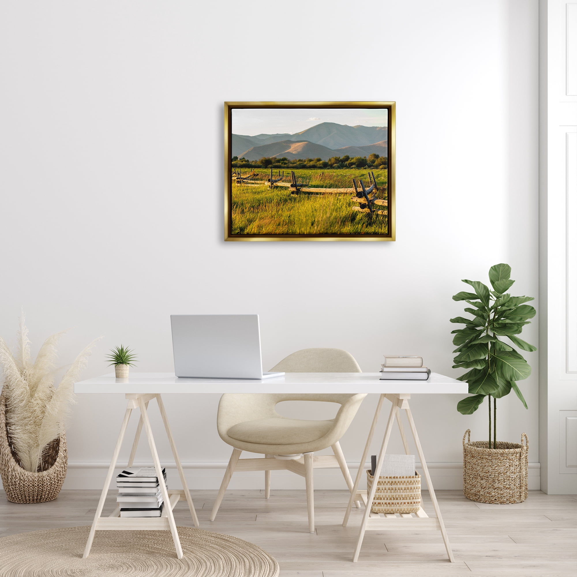 Stupell Industries Grassland Farm Fence Countryside Sunny Mountain Scene Photograph Metallic Gold Floating Framed Canvas Print Wall Art, Design by Steve Smith