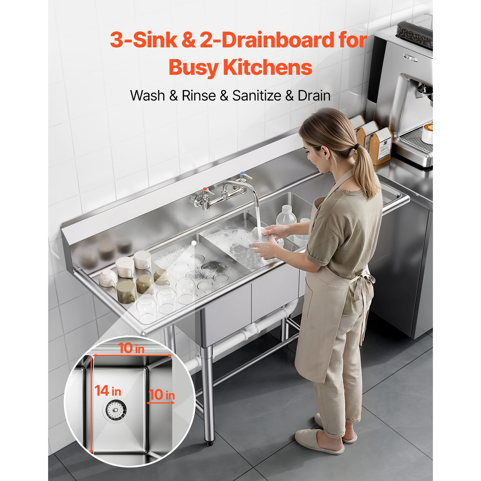 KFFKFF 3-Compartment Commercial Sink, 304 Stainless Steel, 18-Gauge, 10" x 14" x 10" Bowls, Dual Drainboards, 7" Backsplash, H-Frame, Black, (1 Unit)