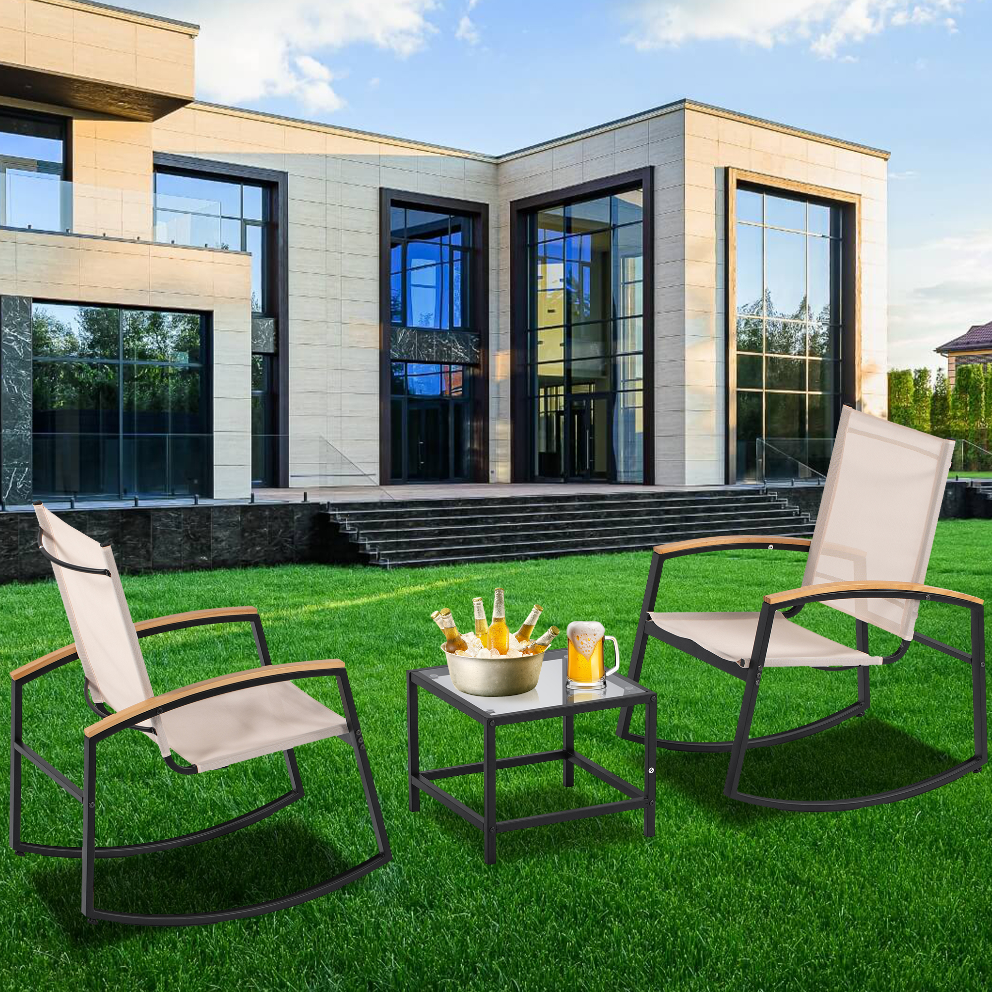 3 Piece Rocking Chair Set, Patio Furniture with 2 Rocking Chairs and