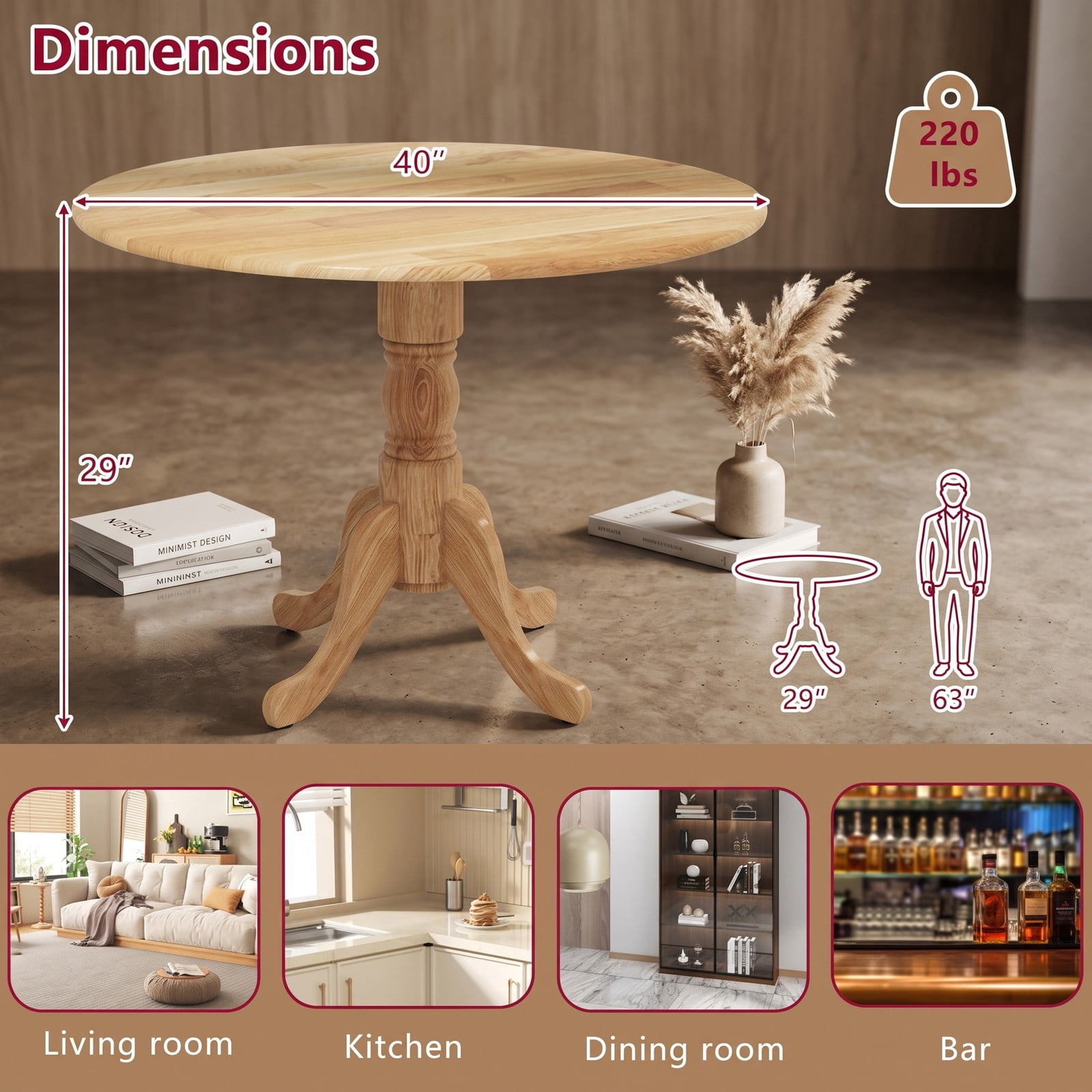 Furnibear Round Wooden Dining Table for 4, Kitchen Dinner Table with Curved Trestle Legs and Adjustable Foot Pads, Rubber Wood Small Dining Room Table, 39 Inch, Natural