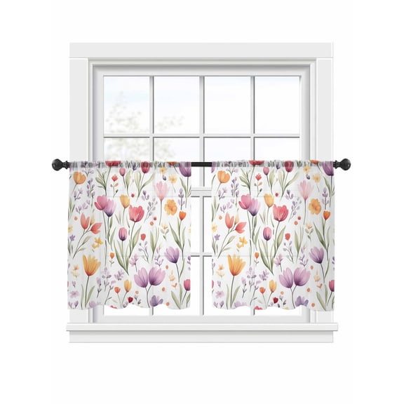 Watercolor Flower Sheer Curtains 54 Inch Long 2 Panels, Retro Purple Yellow Floral Garden Light Filtering Rod Pocket Semi Sheer Curtains, Sheer Voile Drapes for Living Room Bedroom, 52"x54"