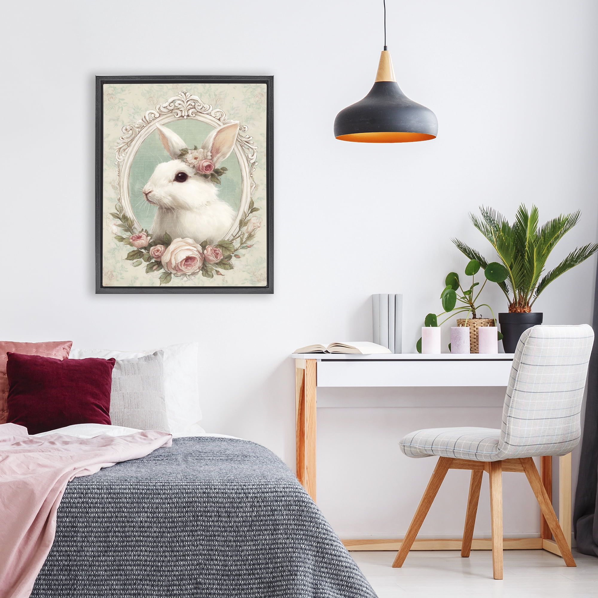 Stupell Industries Flower Fringed Bunny Portrait Black Framed Floater Canvas Wall Art, design by Ink Drop Loft