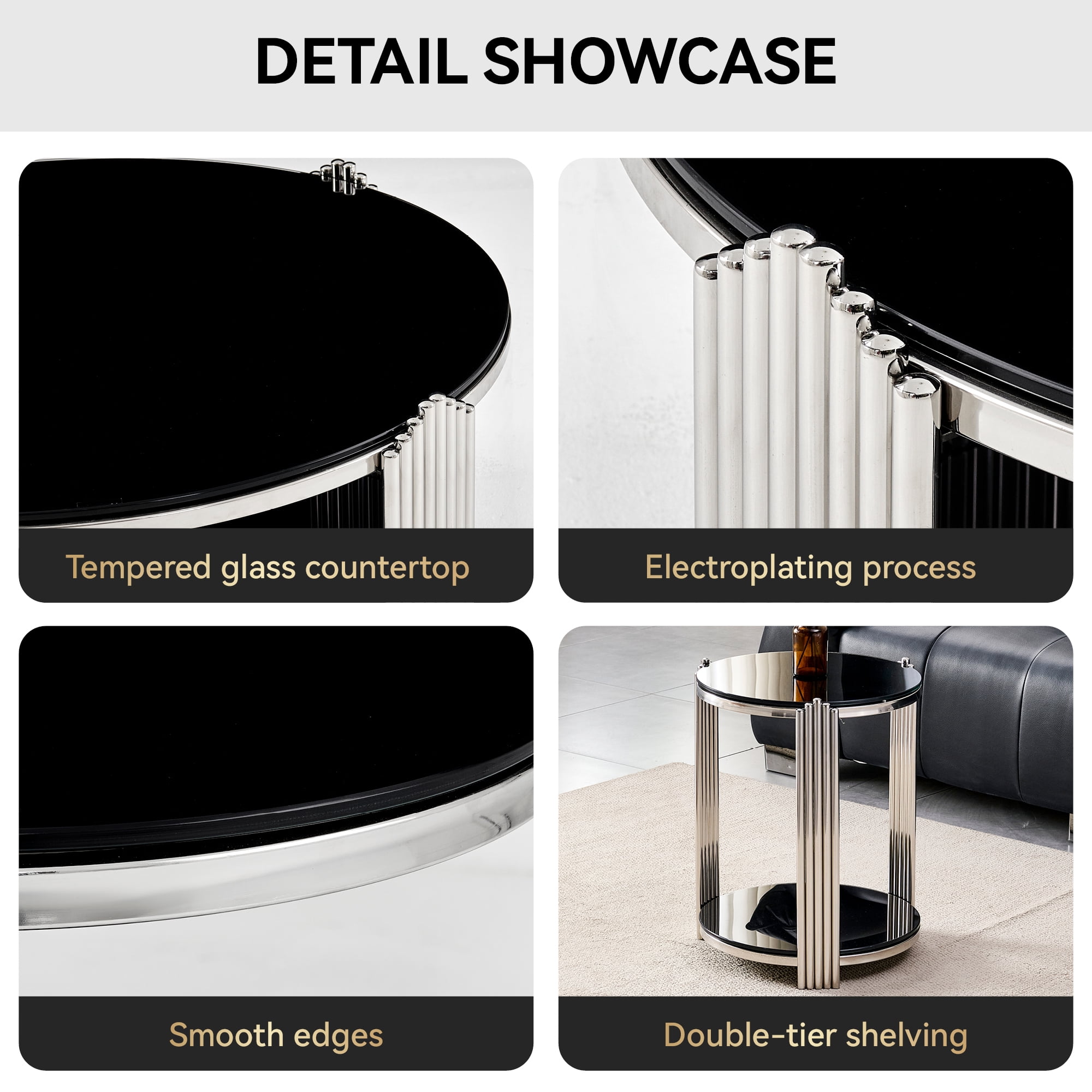 16.90 Inch Modern End Table, Bedside Table, Double-Layer Tempered Black Glass & Silver Stainless Steel Frame Living Room Table, Round Table