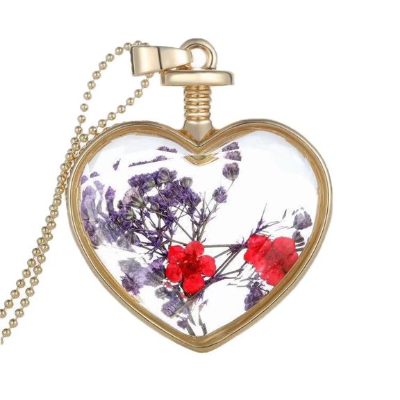 HIJONES Women's Peach Heart Pressed Dried Flower Plant Necklace Wishing Glass Bottle Resin Pendant Necklace Style 5