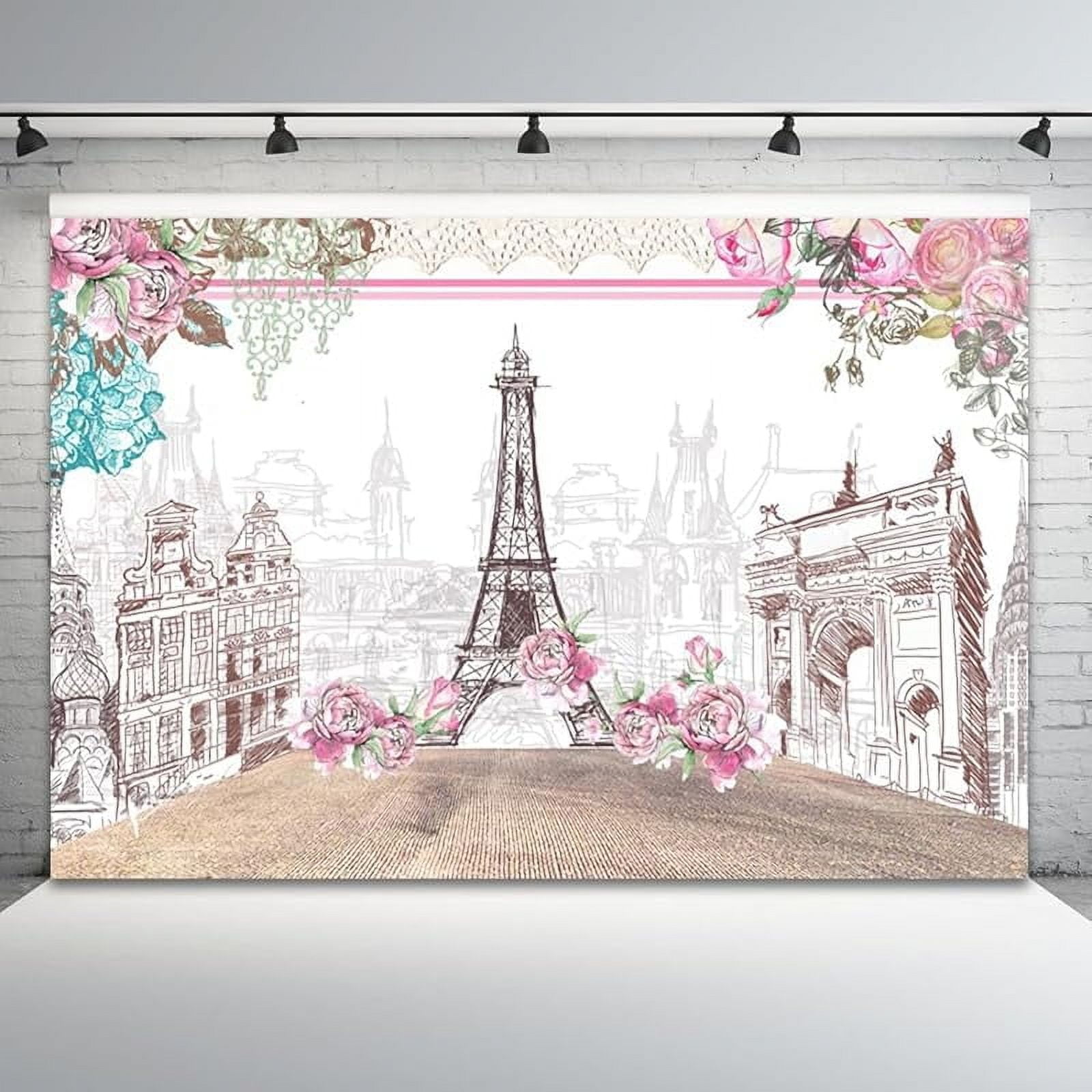 10x8ft Spring Paris Terrace Backdrop - Eiffel Tower Pink Roses Photography Background For Parties