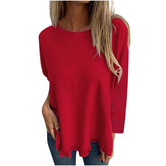 Timegard Women Plus Size Tops Causal Long Sleeve Round Neck T Shirts Solid Color Loose Comfy Blouses