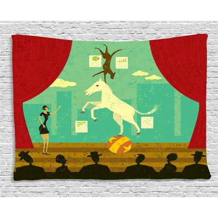 Dog Themed Bedrooms Circus Tapestry, Circus Show of Pony and Hound Dog with Assistant at Theatre Stage and Audience Theme, Wall Hanging for Bedroom Living Room Dorm Decor, 60W X 40L Inches, Multicolor, by Ambesonne ()