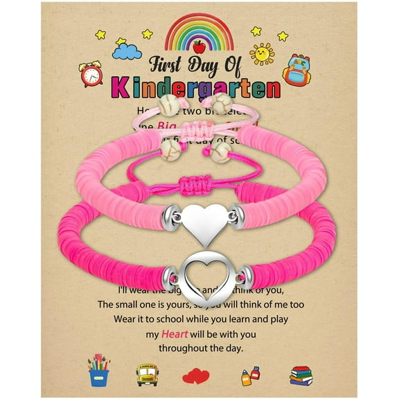 2025 Mommy & Me Matching Heart Bracelets - First Day of Kindergarten & Back to School Gift for Mom & Daughter Kindergarten-Pink&Fuchsia Kindergart