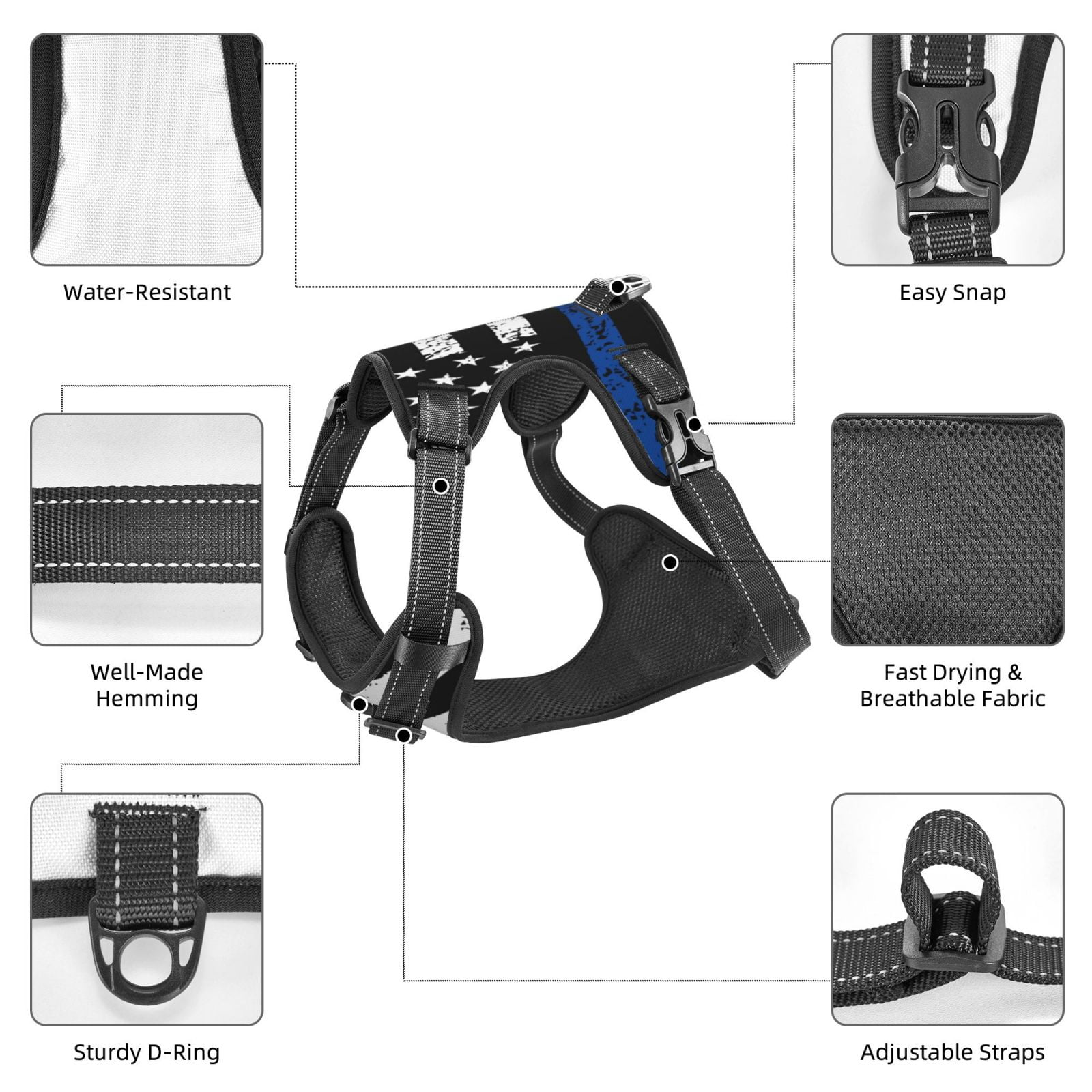 Fuzoiu Thin Blue Line Flag Print Reflective Dog Harness,Adjustable, Breathable Pet Vest,Dog Harness No Pull,No Choke Pet Vest for Small, Medium, and Large Dogs-Small