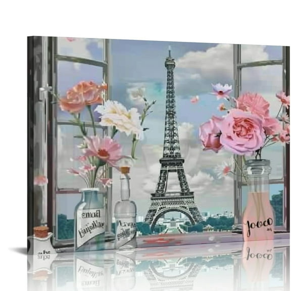 Chilfamy Fashion Paris Wall Art Eiffel Tower Picture Wall Decor Pink And Black Canvas Prints Floral Butterfly Relax Painting Framed Artwork for Bathroom Bedroom Living Room 20x16 in/16x12 in