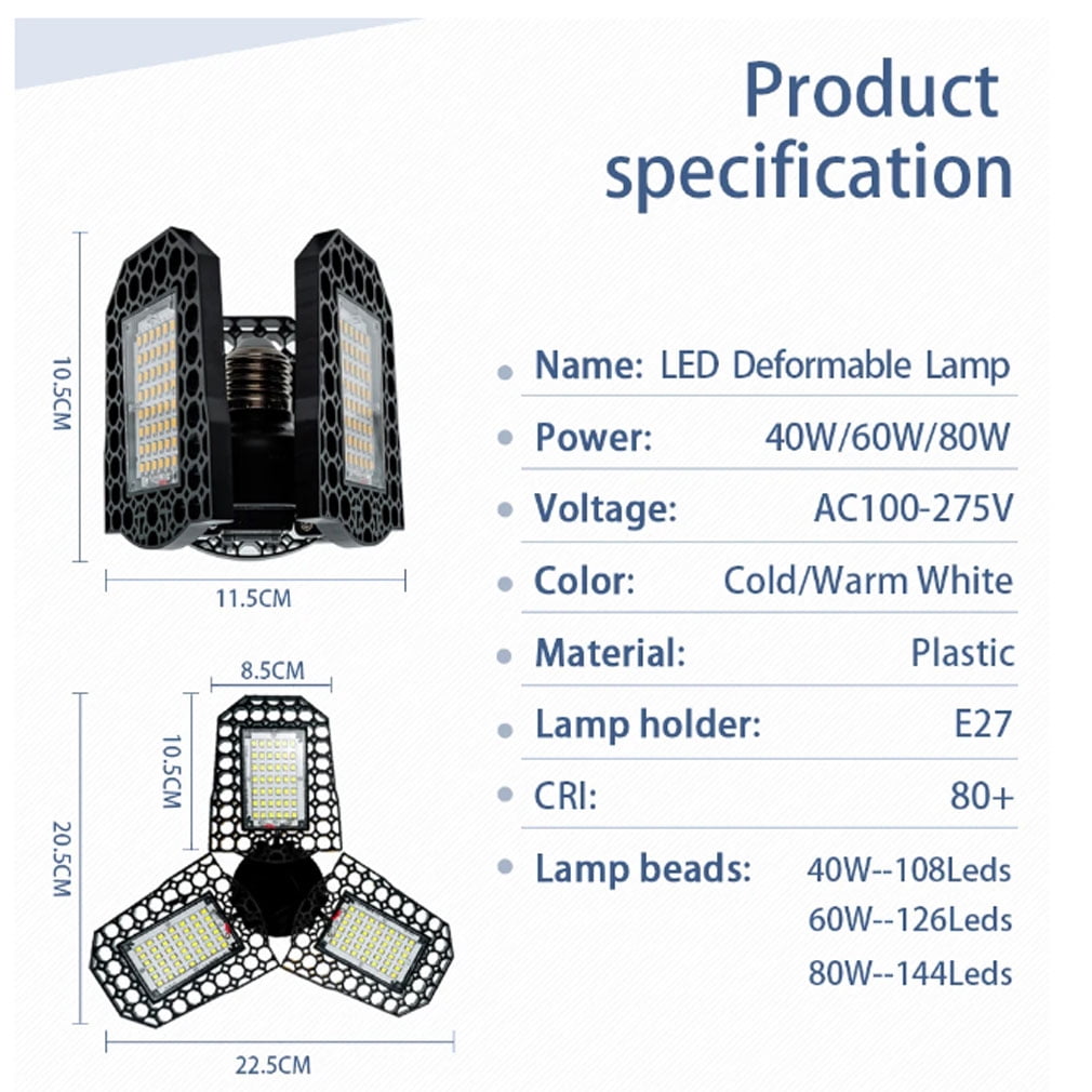 LED garage lamp folding three -leaf light high -gloss work lamp deformation lighting lighting angle workshop bulb 110V E27 60W Warm White