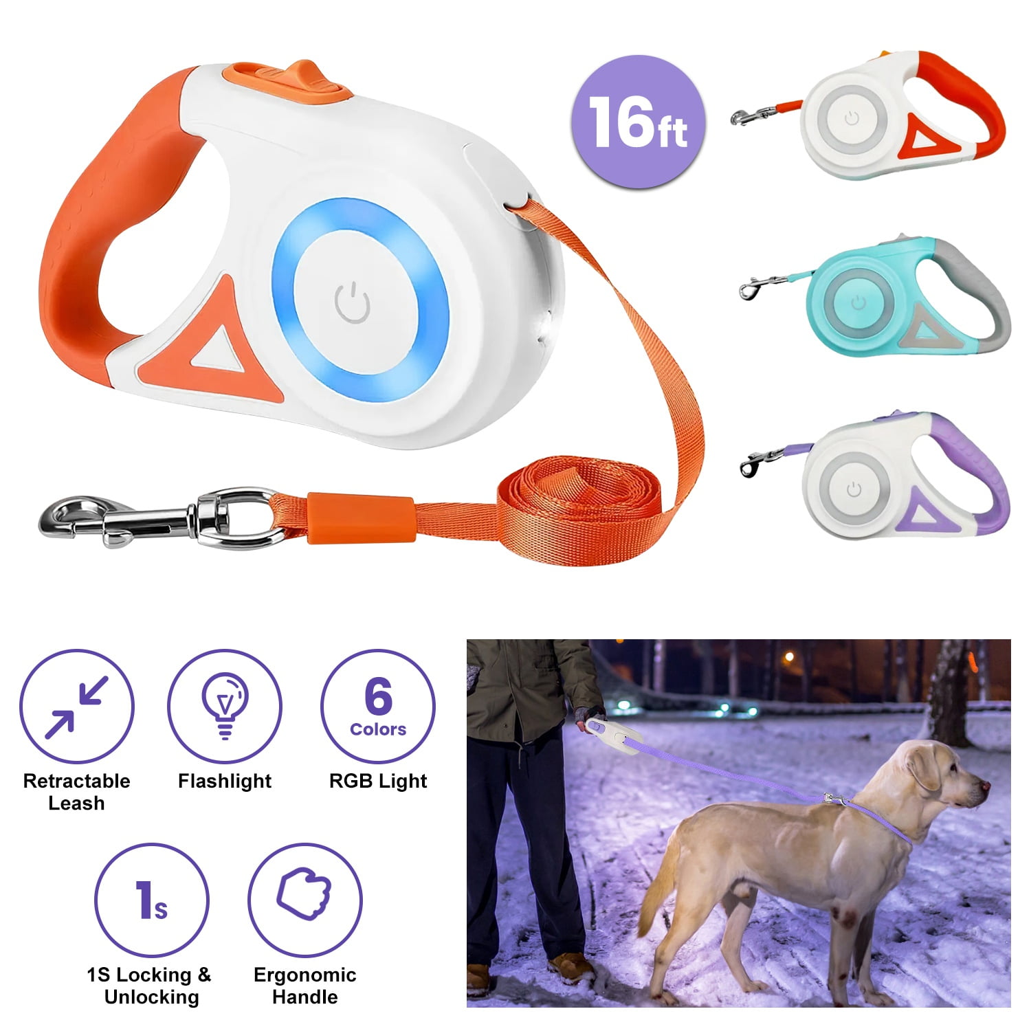 16FT Retractable Dog Leash TeqHome Dog Walking Leash with Dispenser Poop Bags LED Light Fit for 66-110lbs Non-slip Ergonomic Handle Lockable Orange