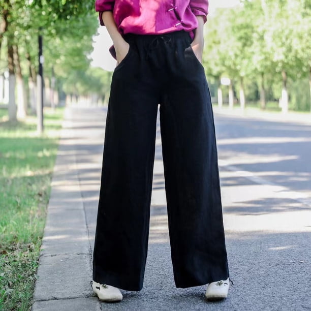 Pantalones de pierna recta, holgados, de lino, de color liso, con cintura holgada, informales, de pierna ancha para mujer