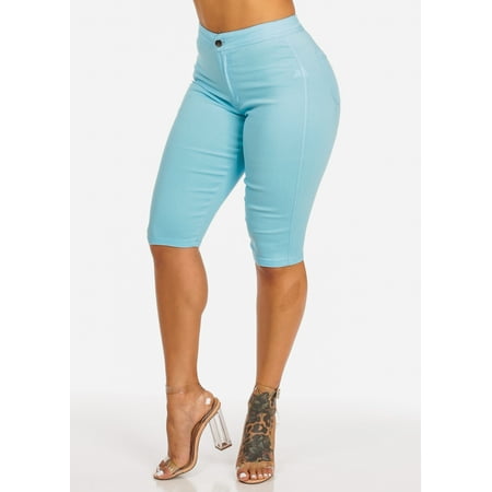 - Womens Juniors High Waisted Stretchy Solid Light Blue 2 Pocket One Button Capri 10218L