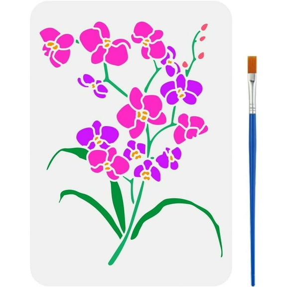 Orchid Stencil with a Paint Brush 8.3x11.7inch Orchid Leaf Large Stencil Blooming Orchids Painting Stencil Plant Theme Floral Drawing Stencil for Wall Tiles Floor Paper Furniture