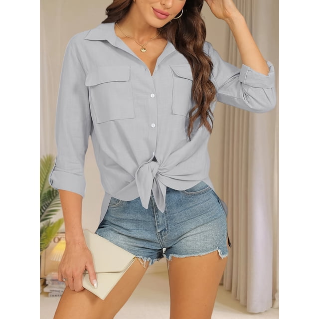 QUTETN Women's Light Blue Linen Button- Shirt - Long Sleeve V-Neck with Tie Waist, Casual Loose Fit Blouse for Work or Casual Attire, Spring Summer Top | Vneck Blouse | Linen Blend