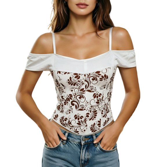 Floral Bustier Tops Spaghetti Straps Slim Fit Boned Waist Cincher Trendy Party Club Night Out Shapewear White XL