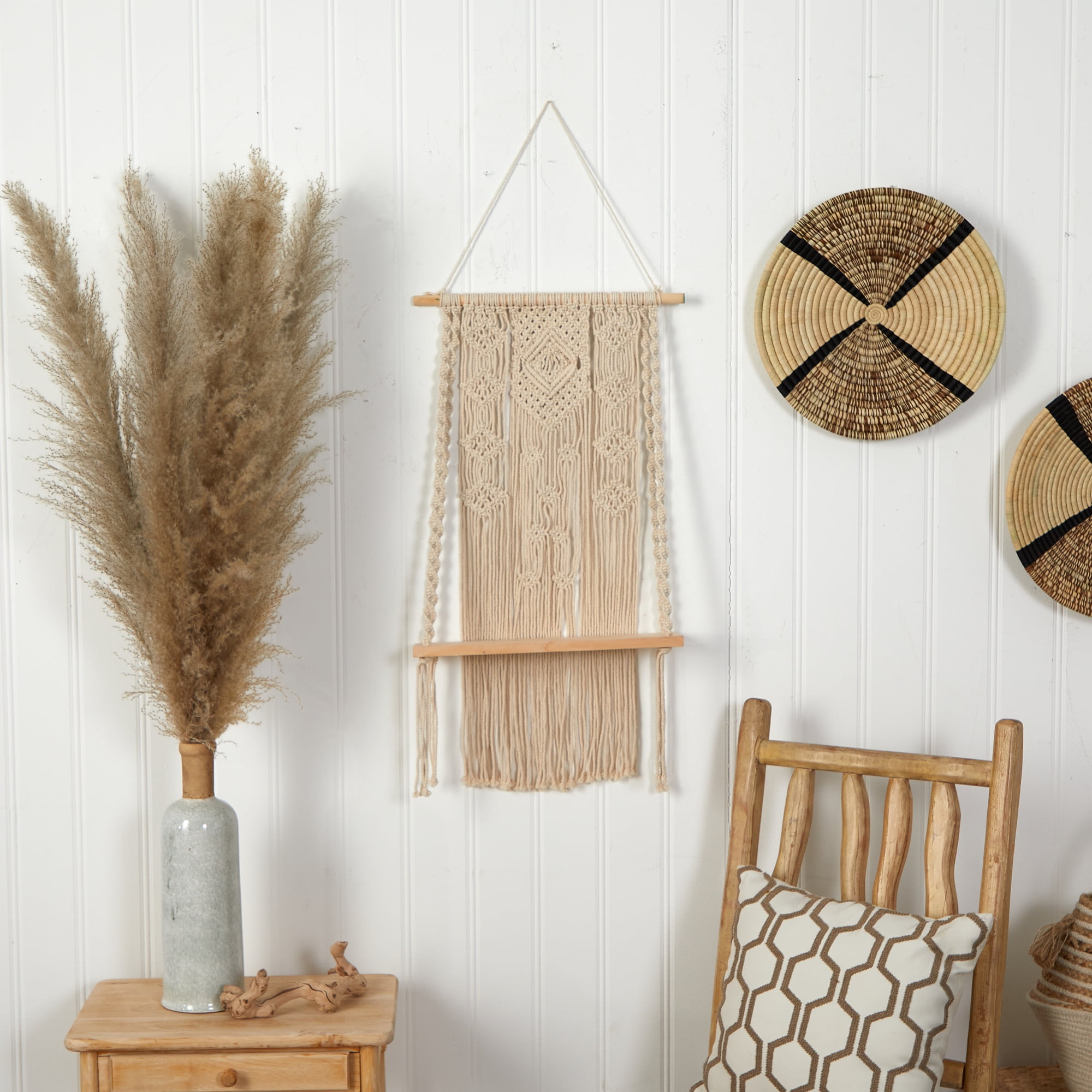 Nearly Natural 2.5' x 1.5' Hand Crafted Woven Macrame Wall Hanging with Wooden Shelf