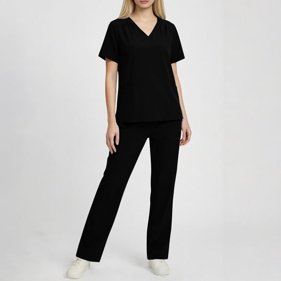 Avrnliq Womens Scrubs Set Black - V-Neck Short Sleeve Top with Front Patch Pockets & Straight Leg Pants, Size 2XL