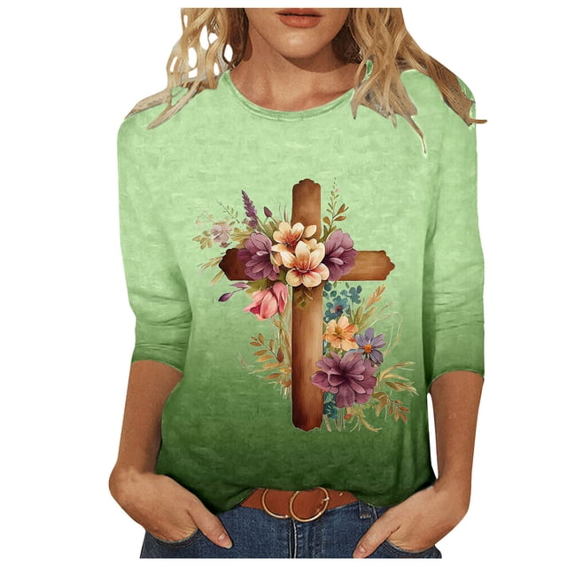 Blouse pour Femmes T-shirt Imprimé Col Rond de Pâques Manches 3/4 Col Rond Chandail