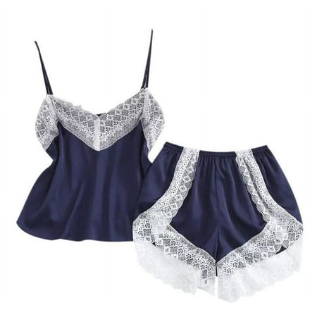 Spdoo Sleepwear Womens Sexy Lingerie Satin Pajamas Cami Shorts Set Nightwear V Neck Lace Trim Cami Tops Shorts Two Piece PJ Set Purple XL