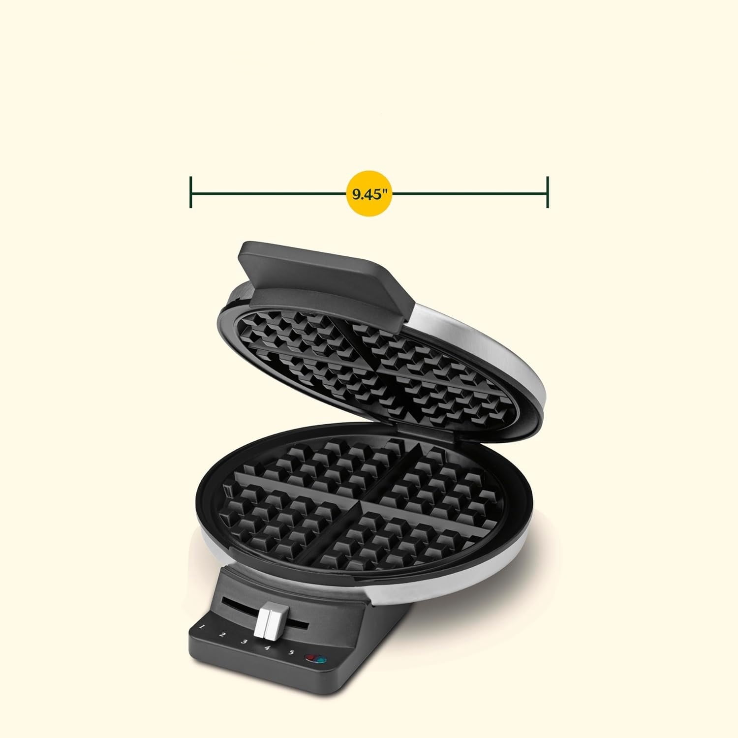 Waffle Maker, 1250W Round Classic Waffle Iron, 5-Setting Adjustable Browning Control, Brushed Stainless