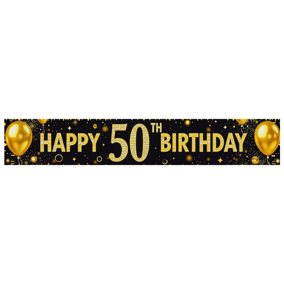 Gilded Happy 50th Birthday Banner with Balloon Firework and Sparkle Elements Backdrop Decoration for Birthday Party Photography Props Celebrations Decorations