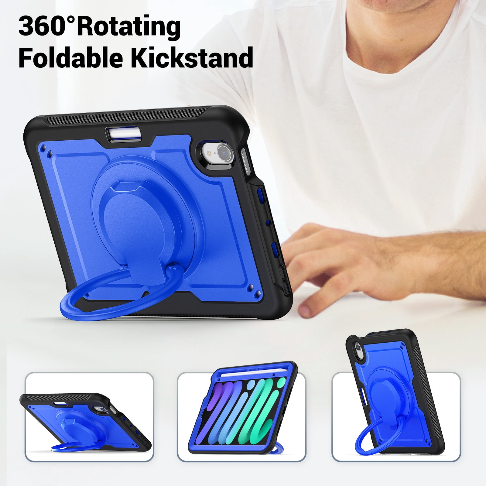 Shockproof Case for Apple iPad Mini 6th 7th Generation 8.3 Inch, Rugged Hybrid Protective Cover with Pencil Holder & Shoulder Strap Kids Friendly Rotating Kickstand Case for iPad Mini 6 7,Darkblue