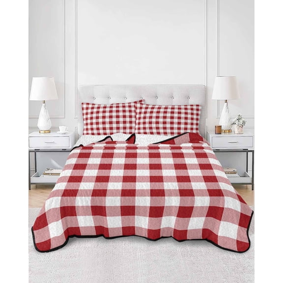 Quilts King Size, Farmhouse Buffalo Plaid Soft Comforter Bedding Set for Bed, Red White Checkered Lightweight Quilted Bedspread with Pillow Cover(2 Pieces) for All Season, 96x106 Inch
