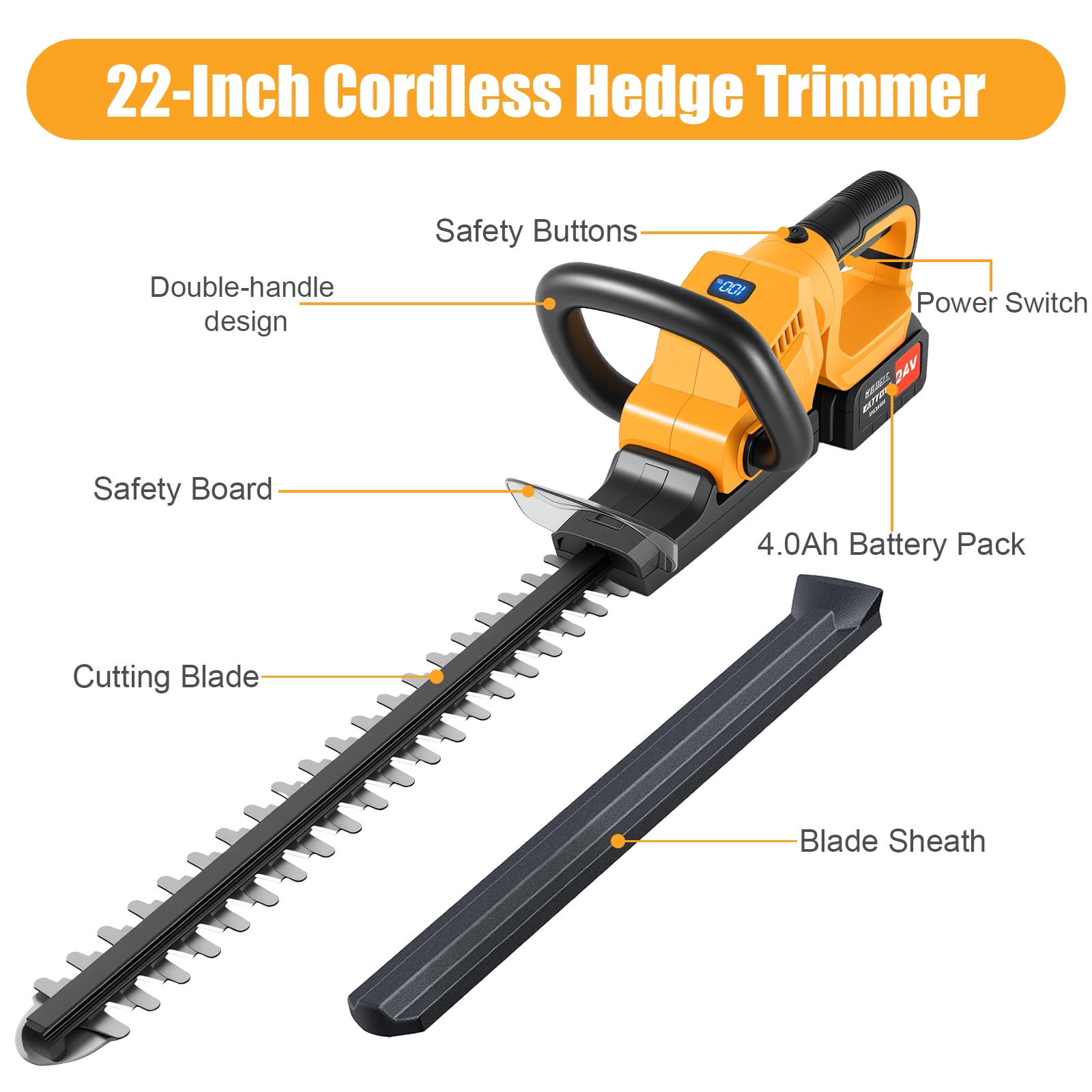 CATGOOD 22" Cordless Hedge Trimmer, with 1000W 24000RPM Motor, 65Mn Steel Blade, 180° Adjustable Head, 2x 4000mAh Batteries 120Min Runtime, Lightweight with Safety Lock for Garden Yard