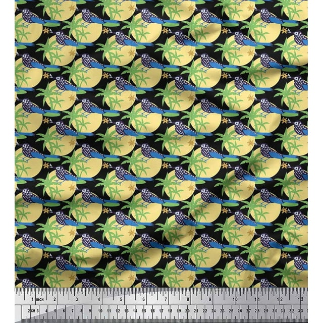 Soimoi Poly Georgette Fabric Bird,Palm Tree & Sun Nature Print Sewing Fabric Yard 52 Inch Wide