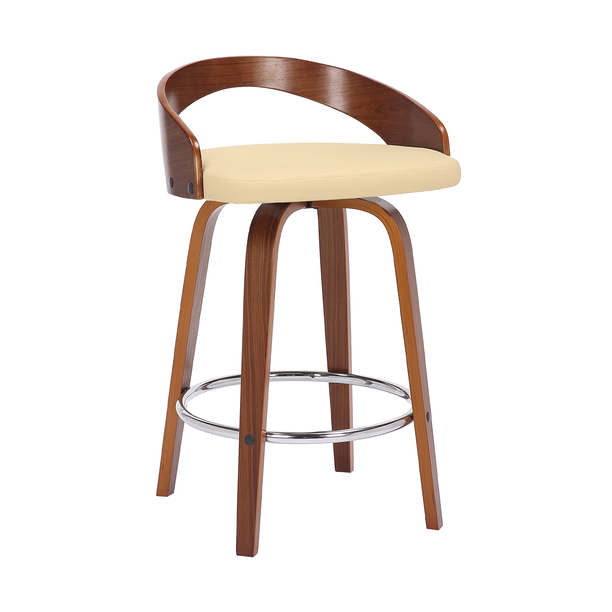 Sonia 26" Counter Height Swivel Cream Faux Leather and Walnut Wood Bar Stool - Set of 3